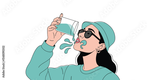 A Trendy Woman Enjoys a Refreshing Drink While Wearing Cool Sunglasses and a Blue Beanie