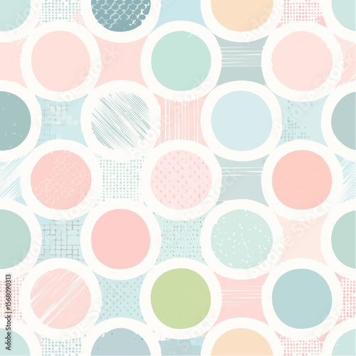Seamless patterns, geometric shapes, pastel colors, and texture overlays.