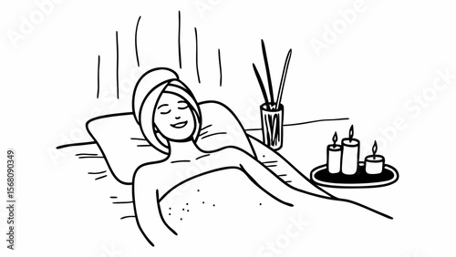 Vector illustration of a woman relaxing with a face mask and candles, spa and wellness theme, black and white