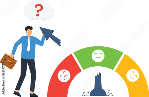 Business Decision Making Illustration Businessman with Question Mark and Broken Gauge for Negative Feedback and Customer Satisfaction