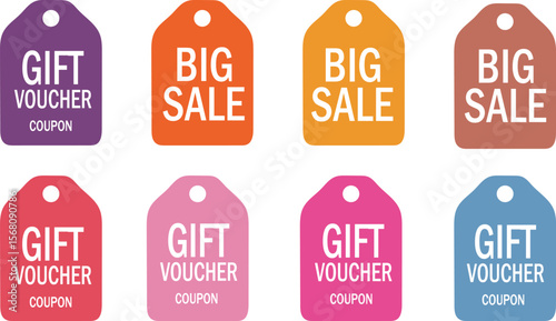 Colorful gift voucher and big sale tags isolated on white background