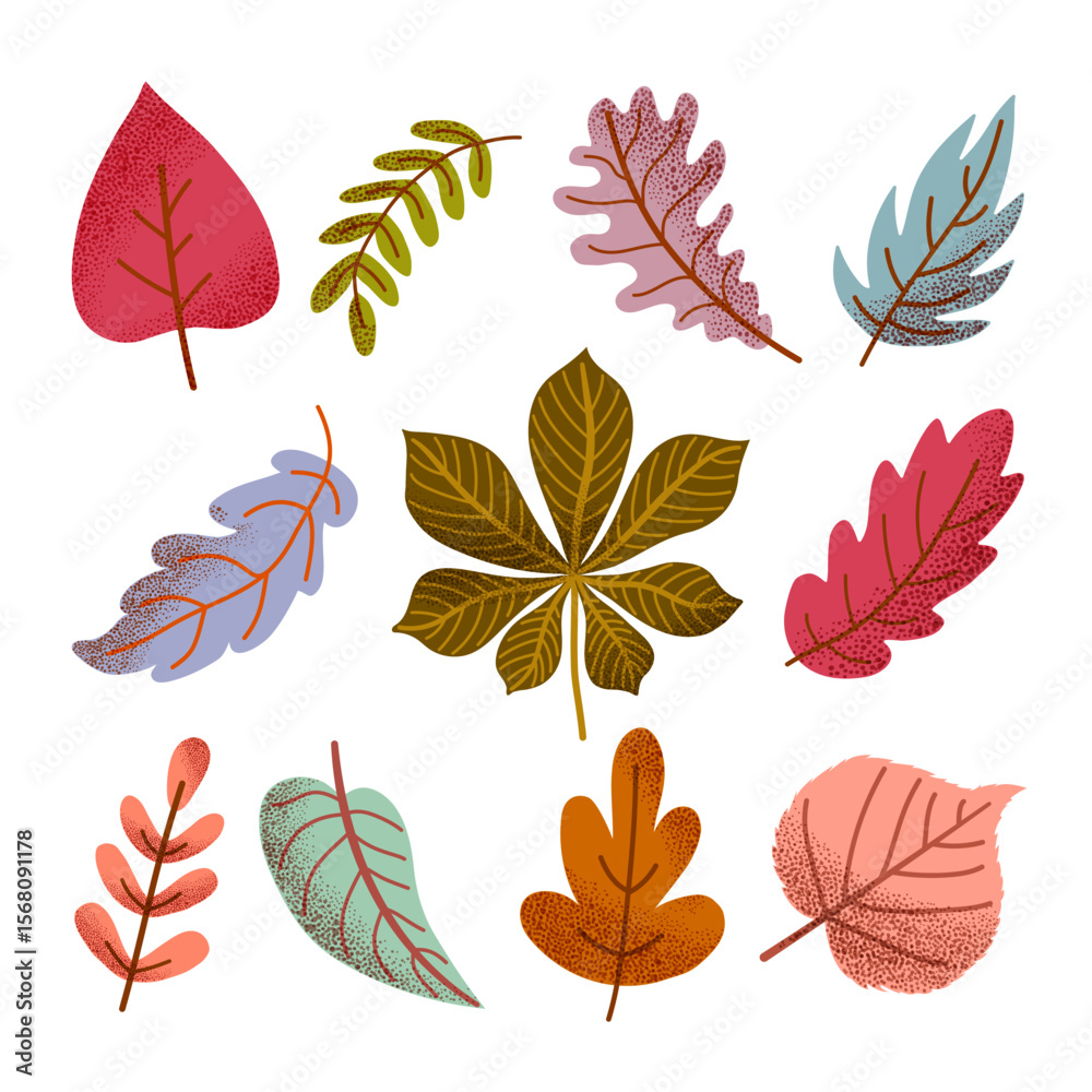 Fototapeta premium Cute collection of autumn leaves in warm and soft tones. Hand-drawn textured foliage for seasonal decor, stationery, icons, stickers, kids books, or fall-themed designs.