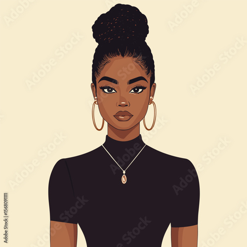 African woman with box braids in bun, wearing a sleek black dress with gold jewelry, stylish and elegant posture vector illustration