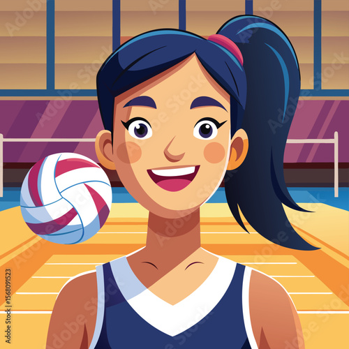 Volleyball Player Portrait: A vibrant cartoon illustration of a smiling young woman, poised to play volleyball in a gymnasium, capturing the spirit of sportsmanship and athleticism.