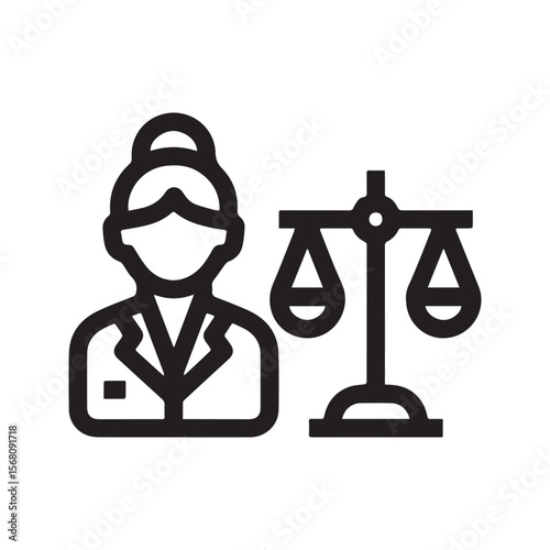 Female Lawyer Icon – Justice Scale and Attorney Outline Illustration