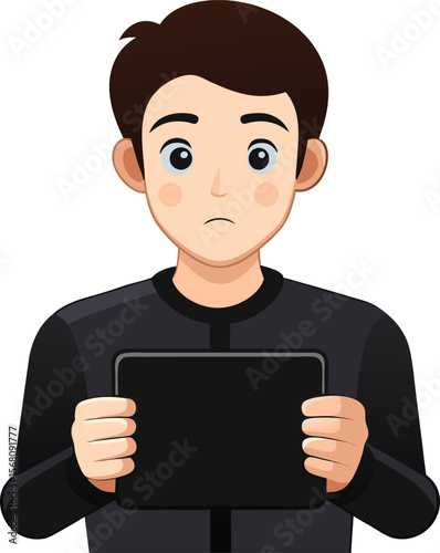 Suspect portrait: A front-facing cartoon illustration of a man, looking solemn, holds a black sign, capturing a moment of contemplation and suspense.