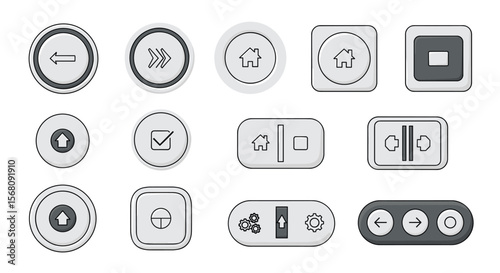 Collection of Modern Circular and Square Digital Interface Navigation and Action Buttons