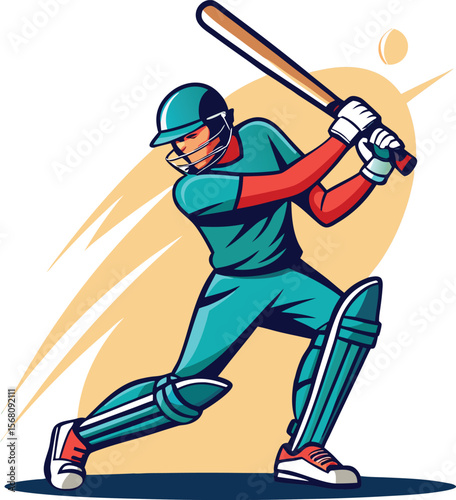 Cricket Player in Action: Dynamic vector art capturing a cricket player in mid-swing, poised to strike, bat raised high, embodying the spirit of the game.
