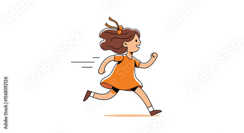A young girl with brown hair and an orange dress runs quickly forward with determination and joy