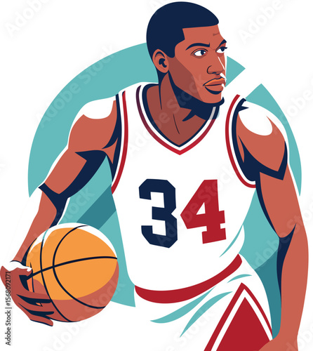 Basketball Player in Action: An illustrated basketball player, with focused determination, dribbles the ball, capturing the essence of athleticism and competitive spirit.