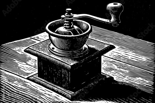 A hand-crank coffee grinder with ceramic base and steel burrs, perfect for cafe branding or nostalgic kitchen art vector a black and white line art illustration