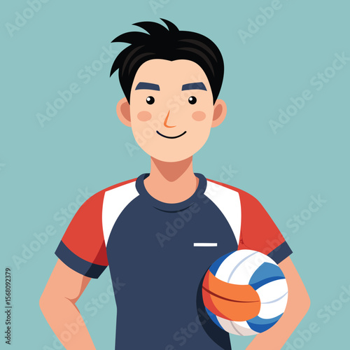 Smiling Volleyball Player: A friendly-looking young man with short dark hair smiles confidently, holding a volleyball close to his body against a light teal background.