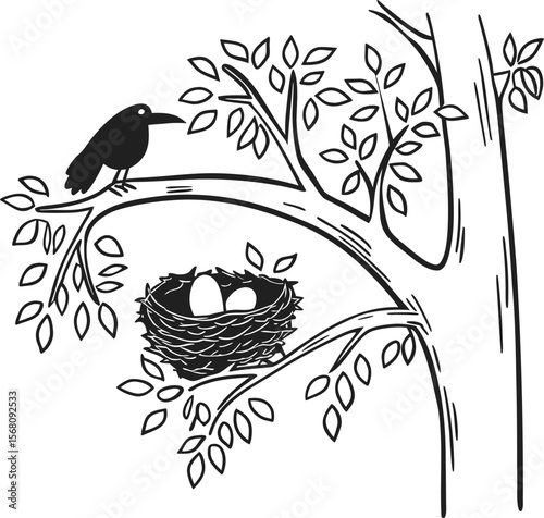 The Crow and Nest in Tree: The artwork captures a moment of serene tranquility as a crow perches on a tree branch, gazing at its nest cradling pristine eggs.