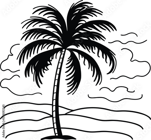 Tropical Palm Silhouette: An artistic line drawing captures the essence of a tropical paradise, depicting a solitary palm tree gracefully swaying under a clear, breezy sky.