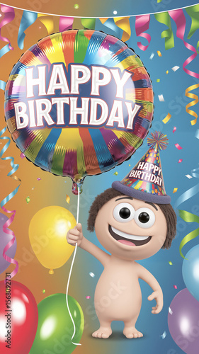 Cartoon character celebrating birthday with colorful balloons and confetti  