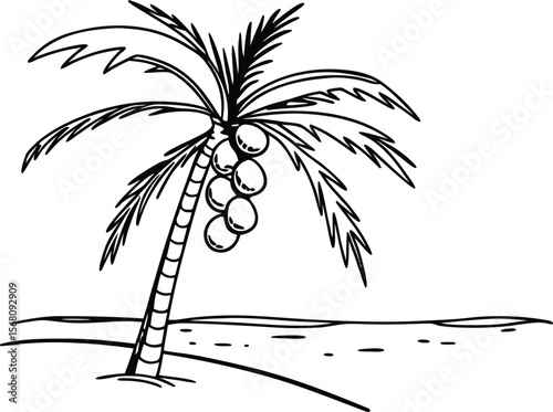 Tropical serenity sketch: A minimalist black and white sketch of a lone coconut palm tree swaying gently against the shoreline. A visual of nature's serenity, conveying a sense of peace, relaxation.