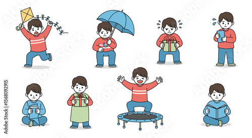 Joyful Kid Experiences Different Activities with Gifts and Weather Items