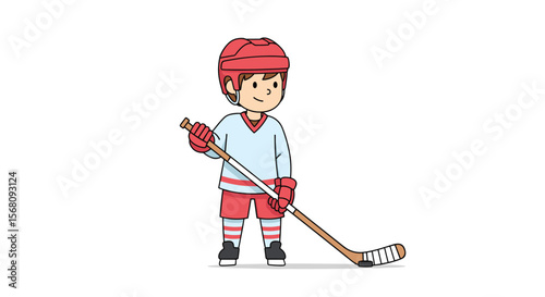 A young boy dressed in a hockey uniform with a red helmet and stick stands ready to play on an ice rink