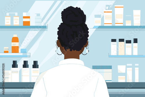 African woman with braided hair doing full 10-step Korean skincare routine, products lined on counter vector illustration