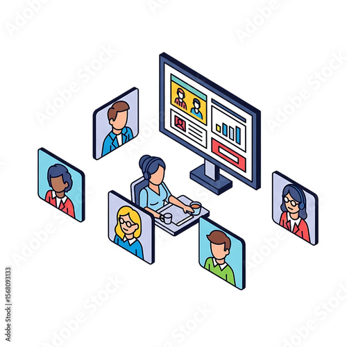 Remote team collaboration in virtual meeting with video call.