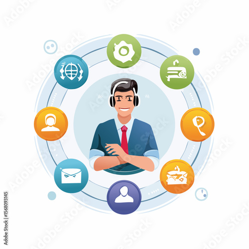 Friendly customer service representative with headphones and icons representing support options