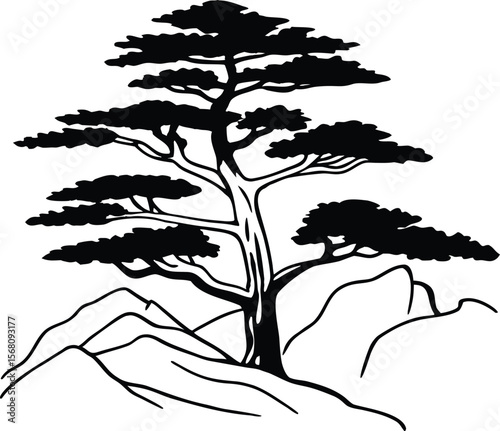 Serene Tree Silhouette on Rocky Terrain: A stark black silhouette of an ancient tree gracefully stands atop a rugged, minimalist mountain landscape.