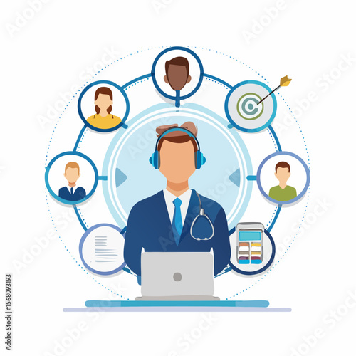 Illustration of a doctor consulting with patients via online telemedicine service
