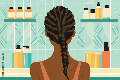 African woman with braided hair doing full 10-step Korean skincare routine, products lined on counter vector illustration