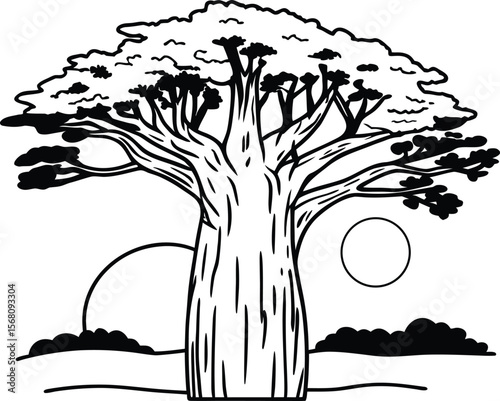 Giant Baobab Tree in Silhouette: Majestic baobab tree stands tall against a backdrop of sun and rolling hills, a timeless emblem of resilience and the African landscape.