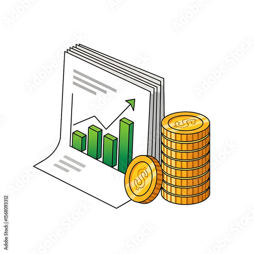 Financial growth document with coins and rising chart.