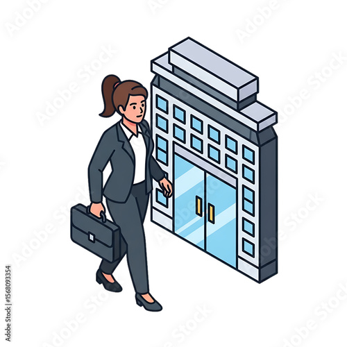 Businesswoman arriving at corporate headquarters.
