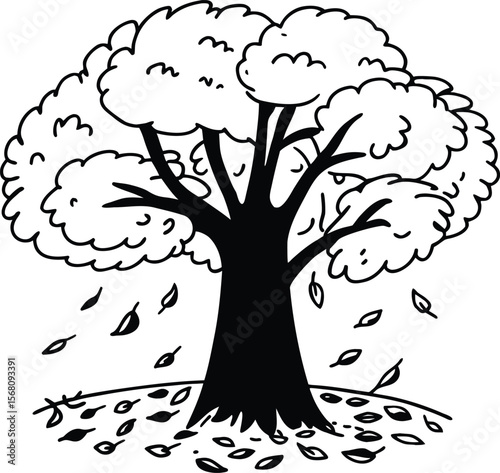Whimsical Tree Line Art: A delightful, monochrome illustration of a tree shedding its leaves, rendered in a playful, hand-drawn style perfect for various creative projects.