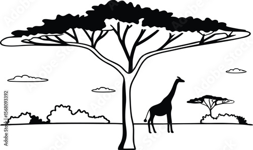 Savanna Silhouette: A minimalist silhouette depicts a tranquil savanna scene featuring a giraffe beneath a broad acacia tree, evoking the serene beauty of the African wilderness.