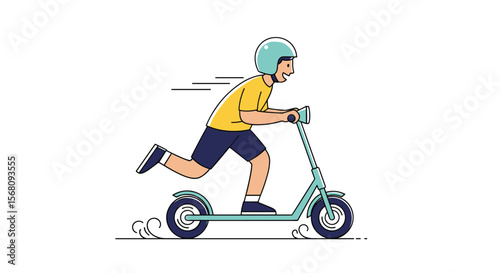Young Man Riding Electric Scooter with Helmet Fast Motion Lines and Dynamic Action