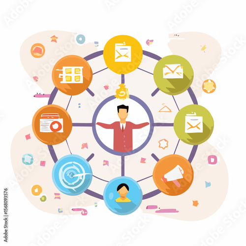 Colorful flat design illustration of a business concept with interconnected elements