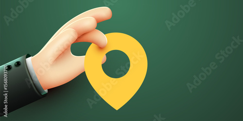 Hand holding map marker. Cartoon 3d style. Vector illustration