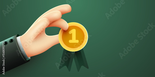 3D hand holds first place medal. Winner and champion concept. Vector illustration