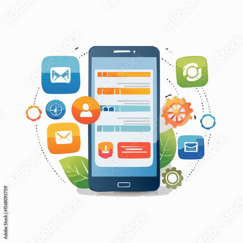 Colorful mobile application with icons and elements illustrating digital technology