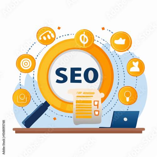 Colorful SEO Illustration Featuring Magnifying Glass, Laptop, and Related Icons