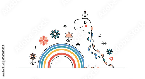 Whimsical Dinosaur With Rainbow Flowers and Stars Illustration for Children