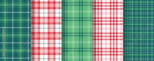 Christmas plaid background. Tartan seamless patterns. Set lumberjack prints. Flannel green red textures. Shirt textile. Checkered cloth. Vichy fabrics. Gingham check tablecloth. Vector illustration