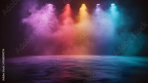 Dark stage with neon lights, spotlights, smoke on asphalt floor, blue-purple-pink background. Abstract studio texture for product display, ideal for digital art, events, or promotions.