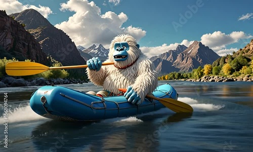 Snowy yeti paddles raft in a river adventure, amid mountains and a sunny sky