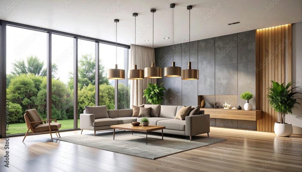 Fototapeta premium Modern living room with large windows