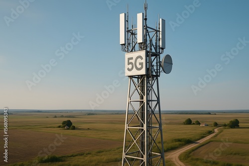 Cell Tower with 5g Antennas in Open Field