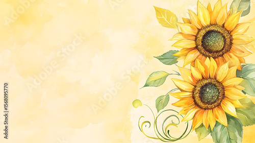Watercolor Sunflowers with Yellow Background.