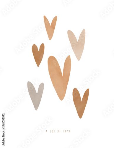 Simple Scandinavian Style Vector Illustration with Hearts. Romantic Print with Brown Hearts Isolated on a White Background. Valentine's Day Card. A lot Of Love. Gender Neutral Colors. 