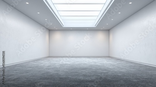 Modern, spacious room featuring a rectangular skylight, gray carpet flooring, and white walls, creating a bright and airy atmosphere ideal for interior design projects