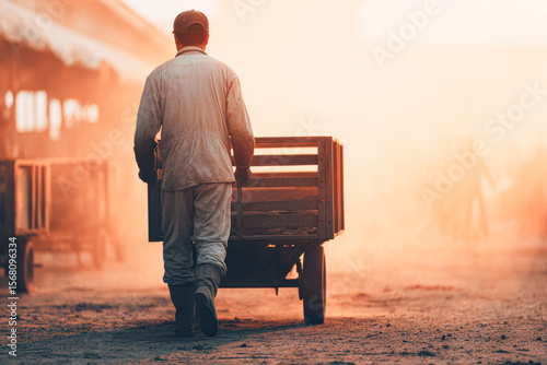 A man in workwear pushes a wooden cart along a dusty path beside a train in warm, soft lighting suggesting early morning or late afternoon.