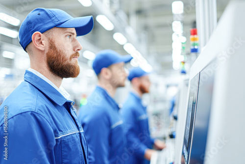Workers in blue uniforms and caps operate machinery in a bright, modern industrial facility focused on precision and technology.